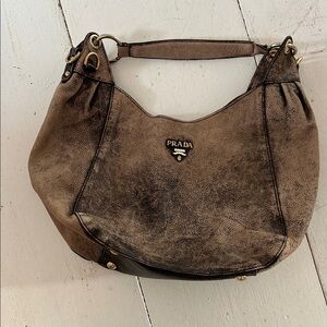Prada Distressed Brown Leather Hobo Bag
